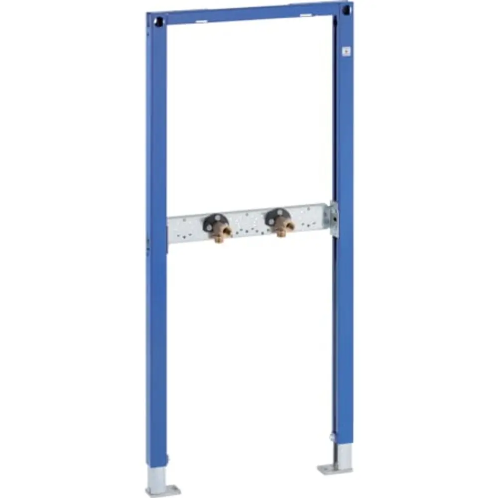 Aufbau eines Geberit Duofix Elements in blauer Farbe, zur Installation einer Dusche oder Badewanne, mit zwei Anschlussventilen und Montageprofil.