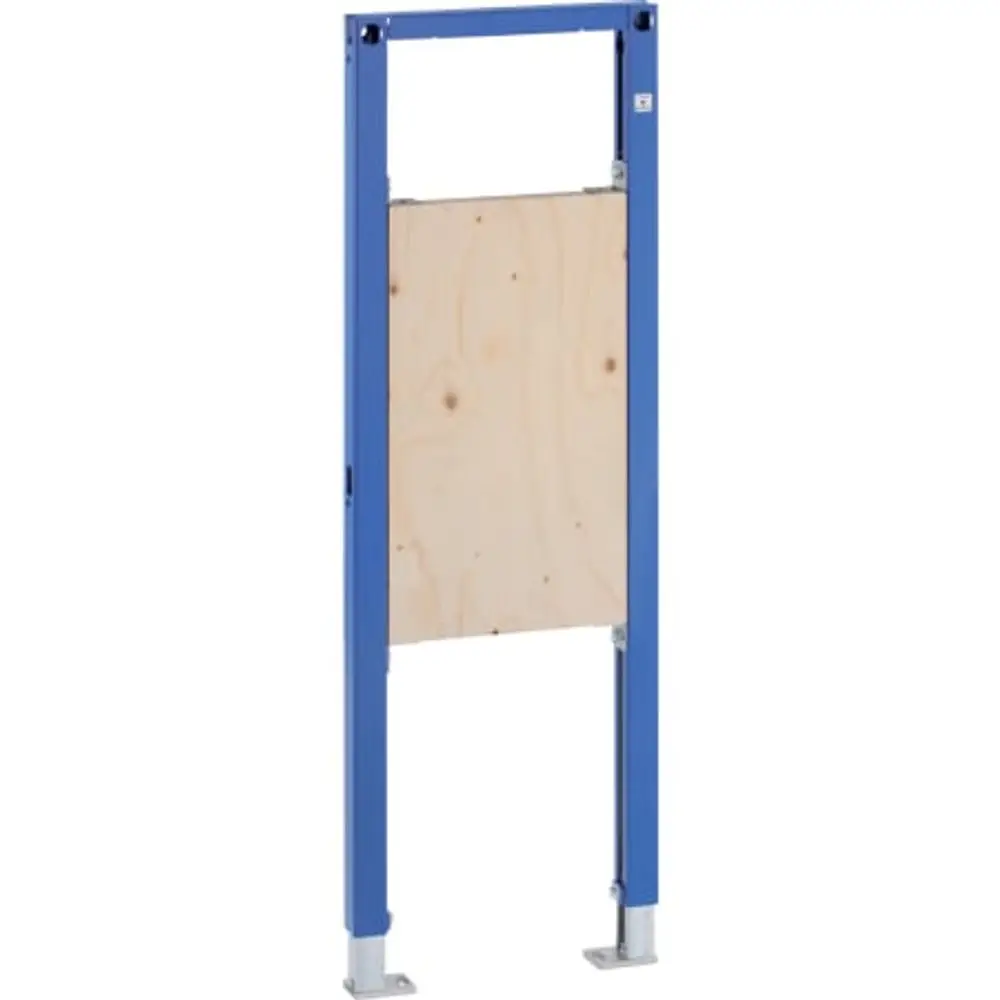Geberit Duofix Element in blauer Farbe, bestehend aus Metallrahmen und einer Holzplatte, geeignet für Stütz- und Haltegriffe, in vertikaler Ausführung.