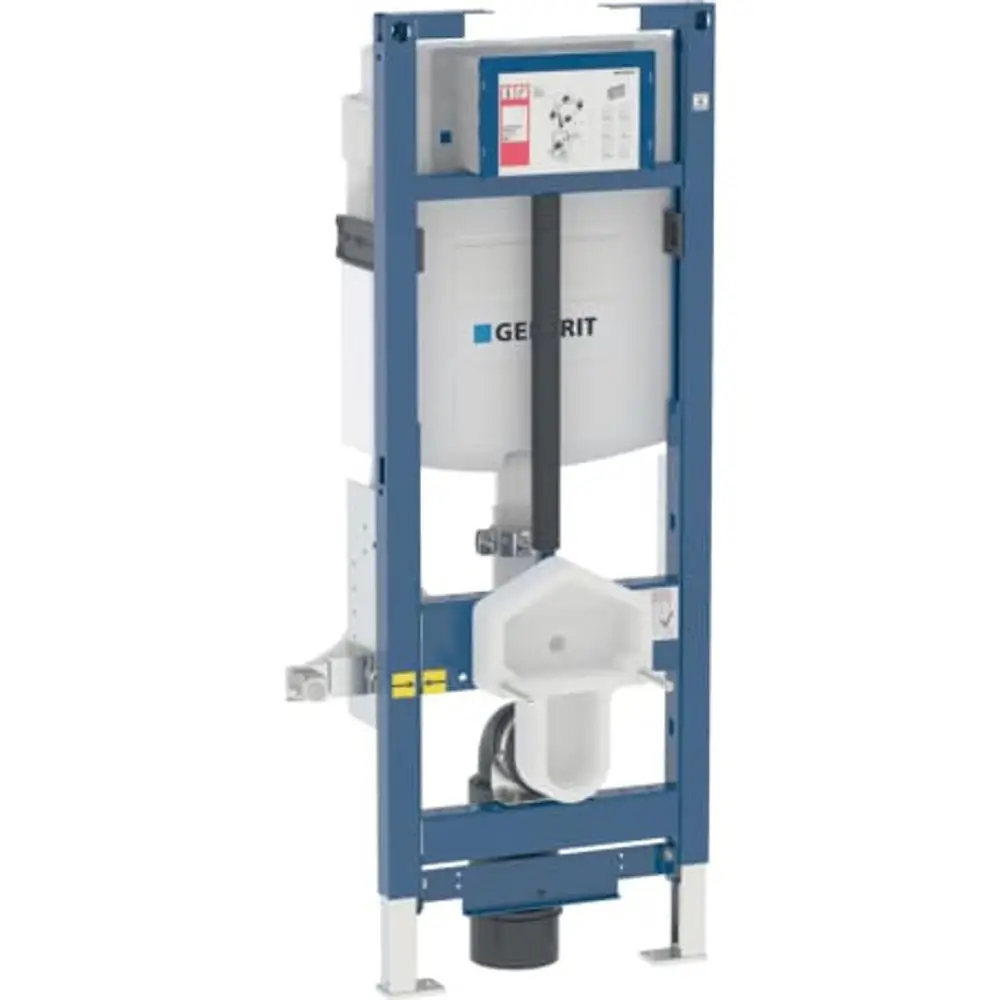 Duofix Element von Geberit für Wand-WC mit Spülkasten. Das Element ist höhenverstellbar und barrierefrei gestaltet. Es zeigt die Montagehalterung und die Anschlüsse.