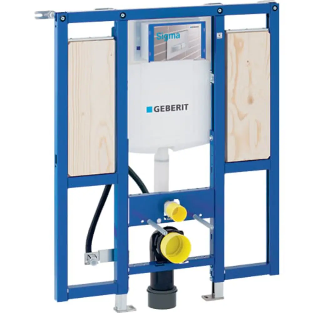 Ein montiertes Geberit Duofix-Wandelement für WC mit Sigma-Spülkasten. Das Element hat Holzverkleidungen und ist für die Installation von Haltegriffen geeignet.