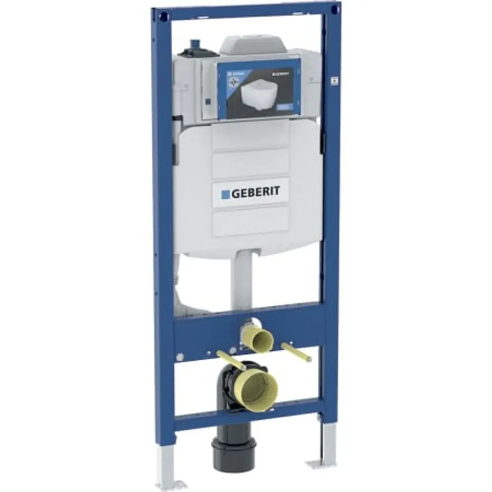 Geberit Sanitärmodul für Wand-WC mit integriertem Spülkasten. Rohrleitungen und Anschluss für Wasser sichtbar, montiert in einem tragenden Rahmen.