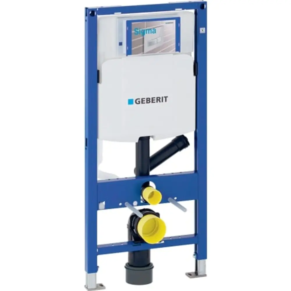 Geberit-Wandmontageelement mit integriertem Spülkasten, Ventil und Abflussrohren, geeignet für Wand-WCs und Geruchsabsaugung. Stabiler Rahmen in blau.