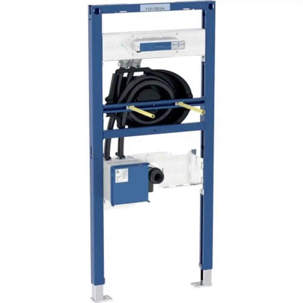 Geberit Duofix Element mit einer Verwahrungseinheit und integrierter UP-Funktionsbox für die Installation einer Wandarmatur, präsentiert in einem stabilen Rahmen.