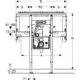 Geberit Installationselement mit Zeichnung, zeigt Abmessungen und Anschlussstellen. Enthält Diagramme und Maße für eine Wandarmatur und einen Waschtisch.
