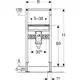 Geberit Duofix Element für Waschtisch mit UP-Geruchsverschluss und Standarmatur, gezeigt in Frontansicht mit Maßangaben und Montagehinweisen.