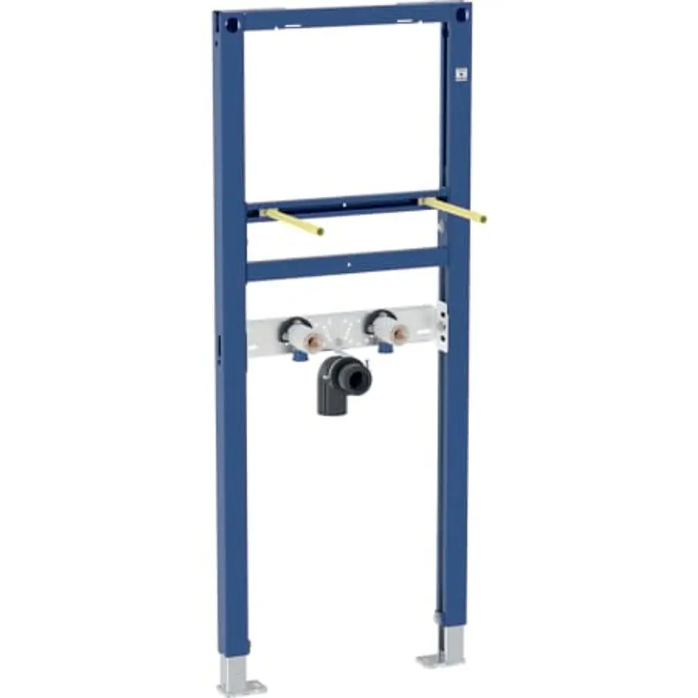 Geberit Duofix Element in blauer Ausführung, geeignet für die Montage von Waschtischen. Das Element verfügt über Anschlüsse für Wasserleitungen und eine Abwasserleitung.