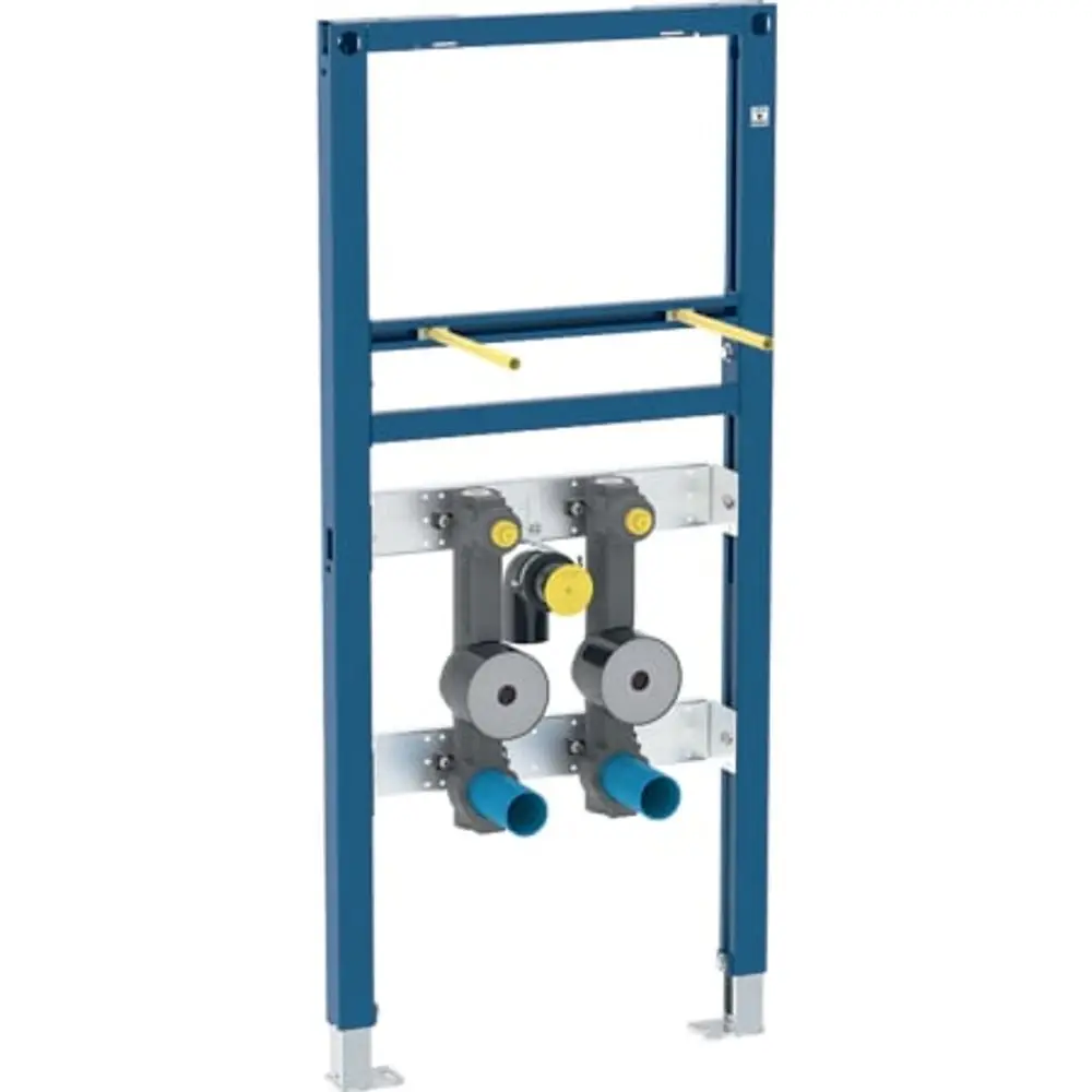 Geberit Duofix Element mit Halterung und Anschlüssen, ausgestattet mit zwei Wasserzählerstrecken und UP-Absperrventil, zur Montage in Wandinstallationen.