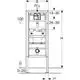 Geberit Element für Urinal mit Montagegestell und Steuerung. Darstellung der Maße und Verbindungen für die korrekte Installation.