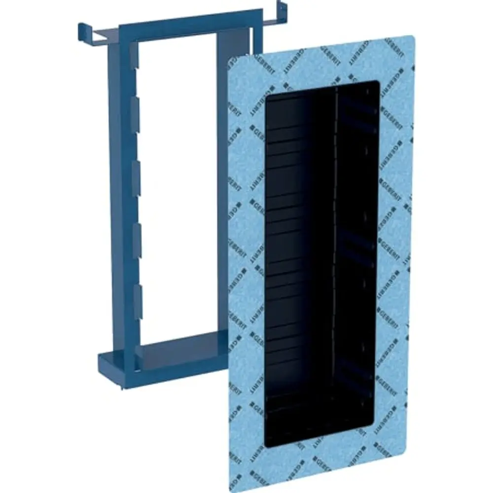 Geberit Duofix Element für eine Nischenablagebox. Zeigt eine strukturierte Wand mit integrierten Einlegeböden und einem stabilen Rahmen zur Montage.
