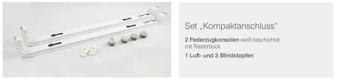 HM Heizkörper Kompaktanschluss-Set mit zwei weißen Federzugkonsolen, einem Luftstopfen und drei Blindstopfen auf hellem Hintergrund.