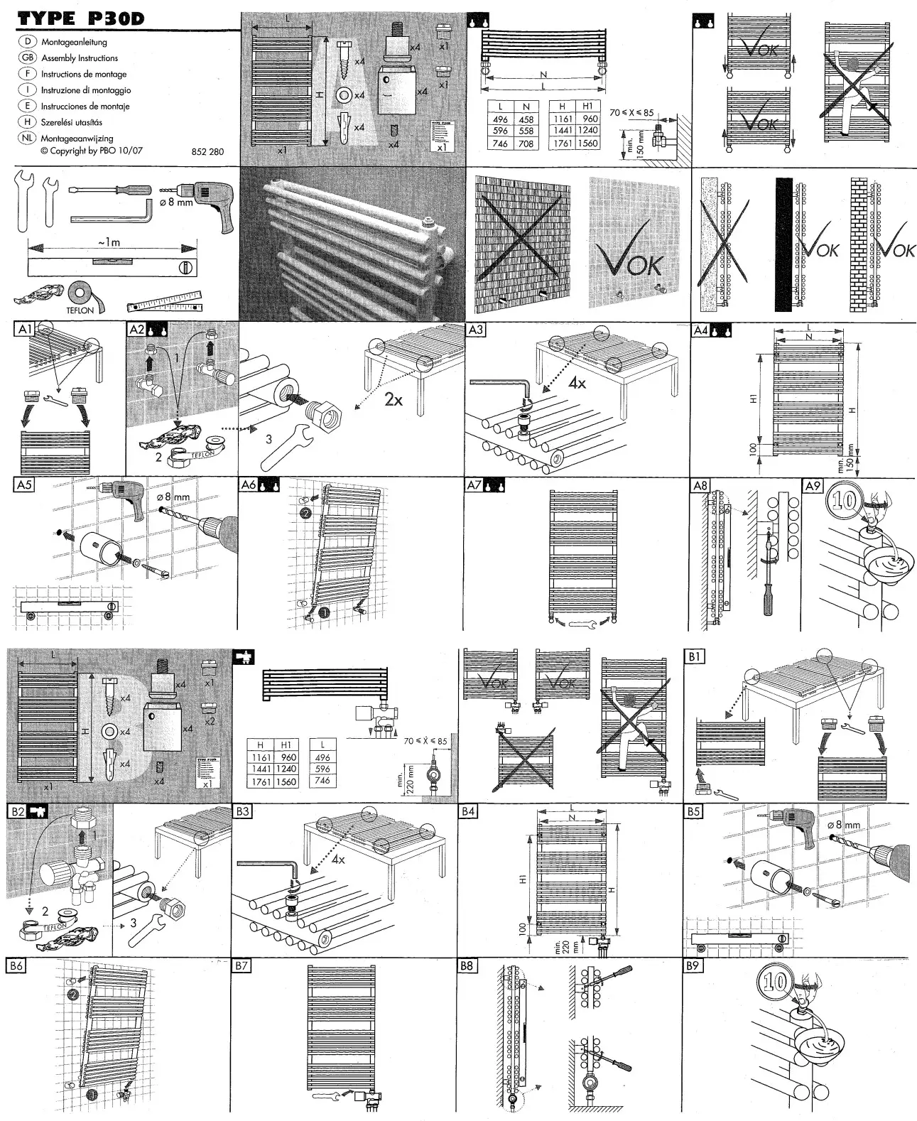 Zehnder Badheizkörper in vertikaler Anordnung mit mehreren aufeinanderliegenden Rohren, illustrated Montageanleitung und Details zum Mittelschluss.