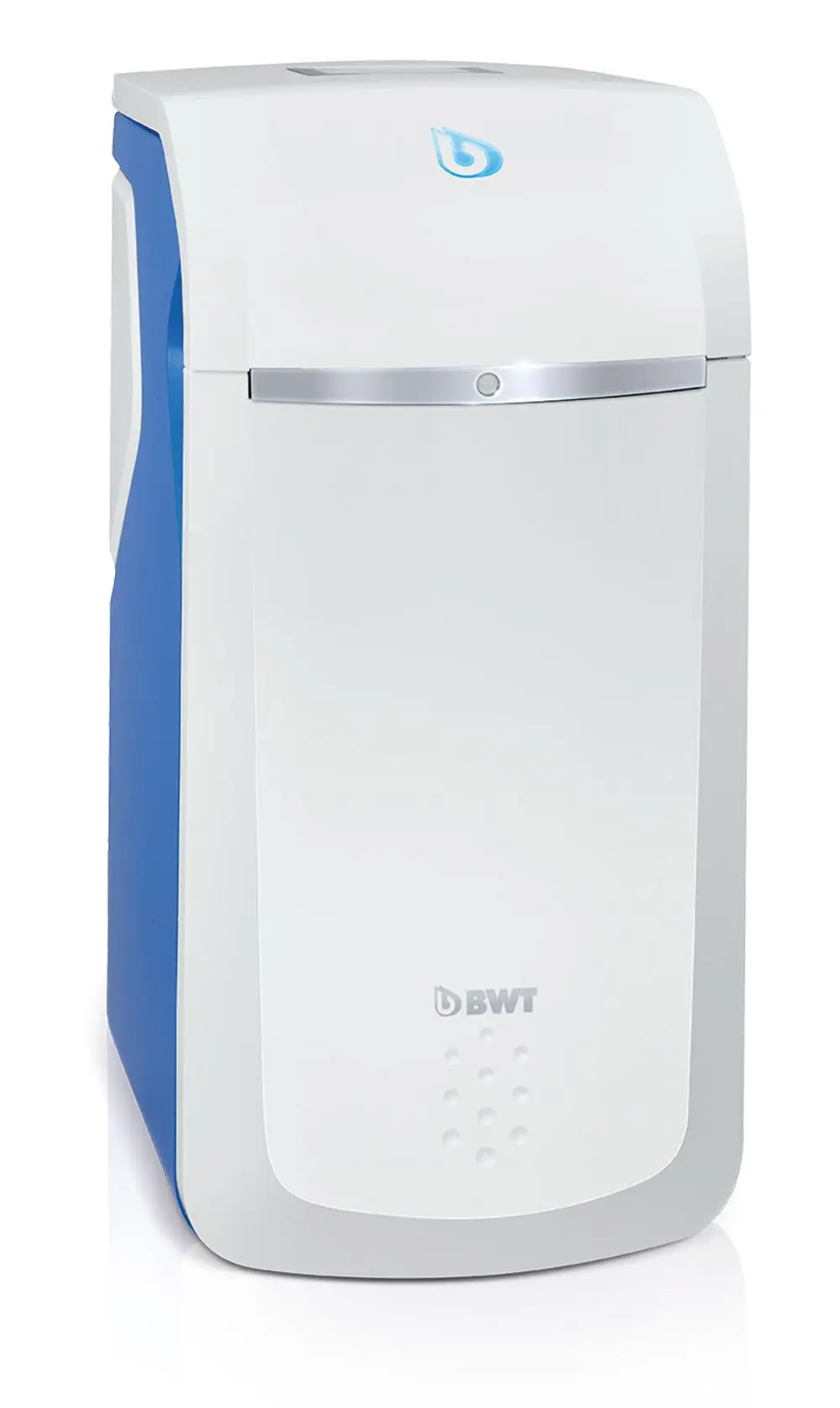 Vertikale Wasseraufbereitungsanlage in Weiß und Blau von BWT mit abgerundeten Ecken und einem glatten, modernen Design.