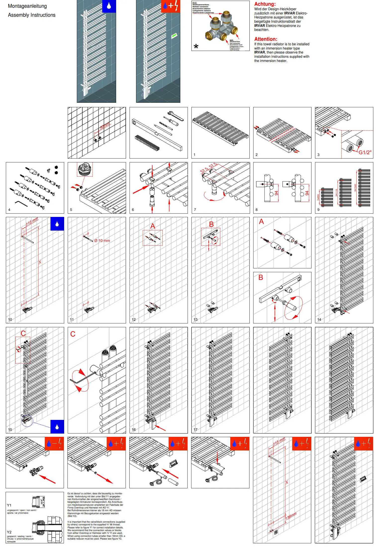 Montageanleitung für einen Zehnder Designheizkörper mit schematischen Zeichnungen und detaillierten Anweisungen zur Installation und Verbindung.