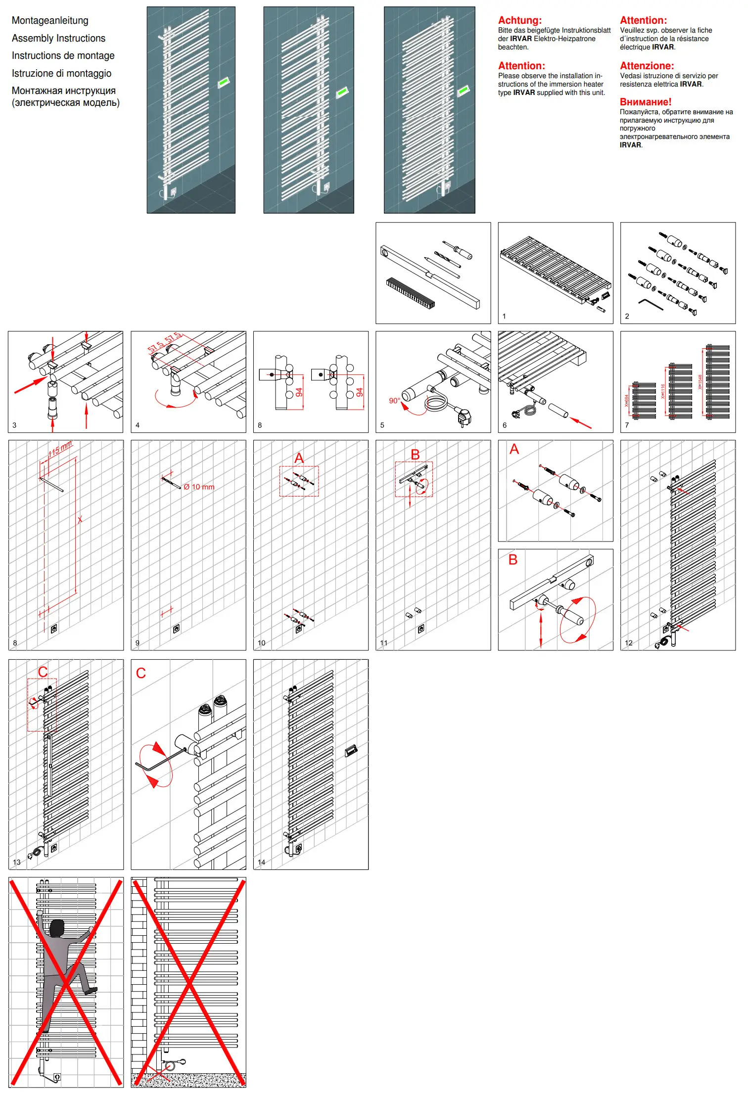 Zehnder Designheizkörper, Montageanleitung mit schematischen Illustrationen und Hinweisen zur Installation und Verwendung des Heizkörpers an einer Wand.