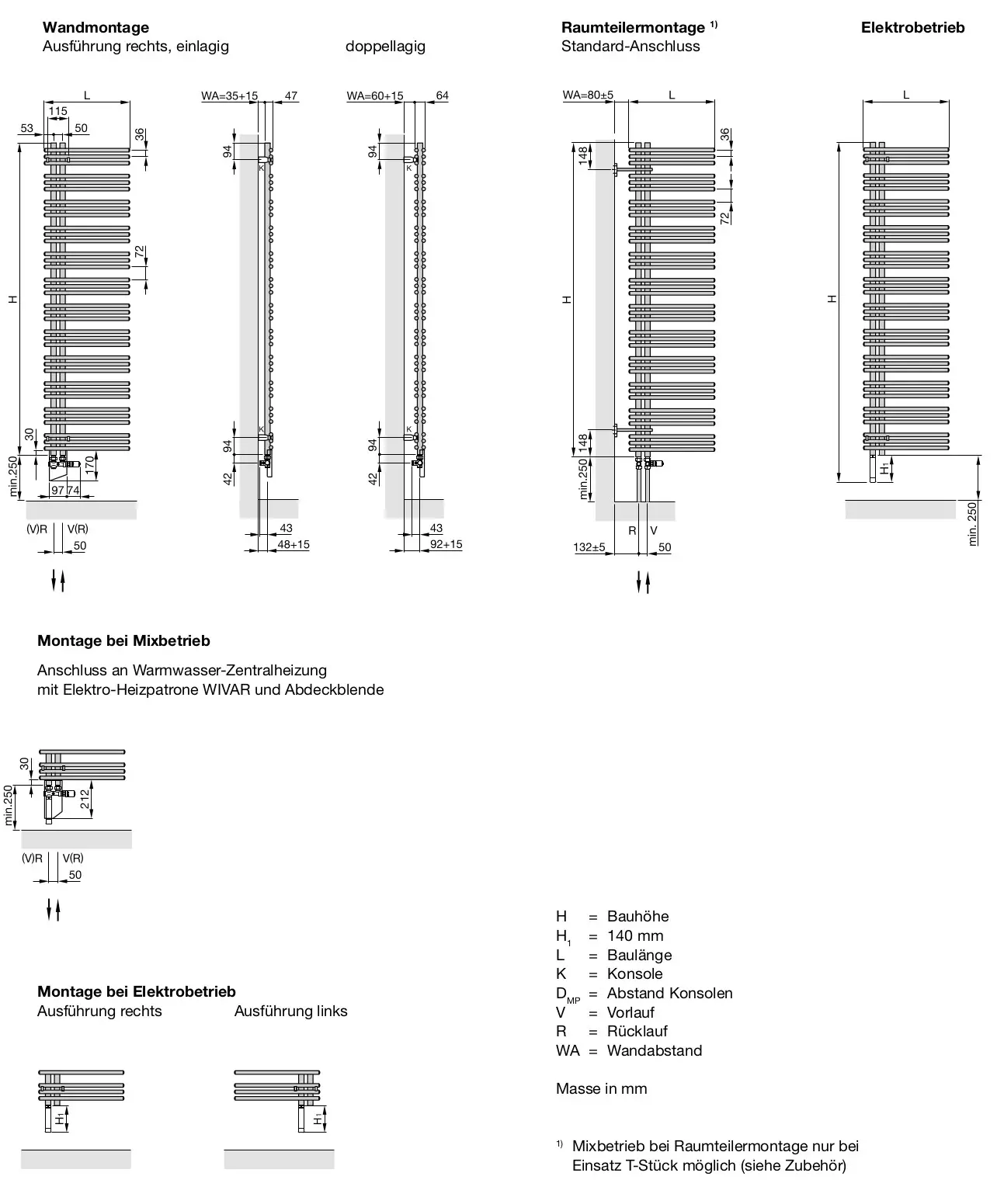 Zehnder Heizkörpermontageanleitungen für verschiedene Ausführungen, inklusive Wandmontage und Elektrobetrieb, mit detaillierten Maßangaben und Anschlussmöglichkeiten.