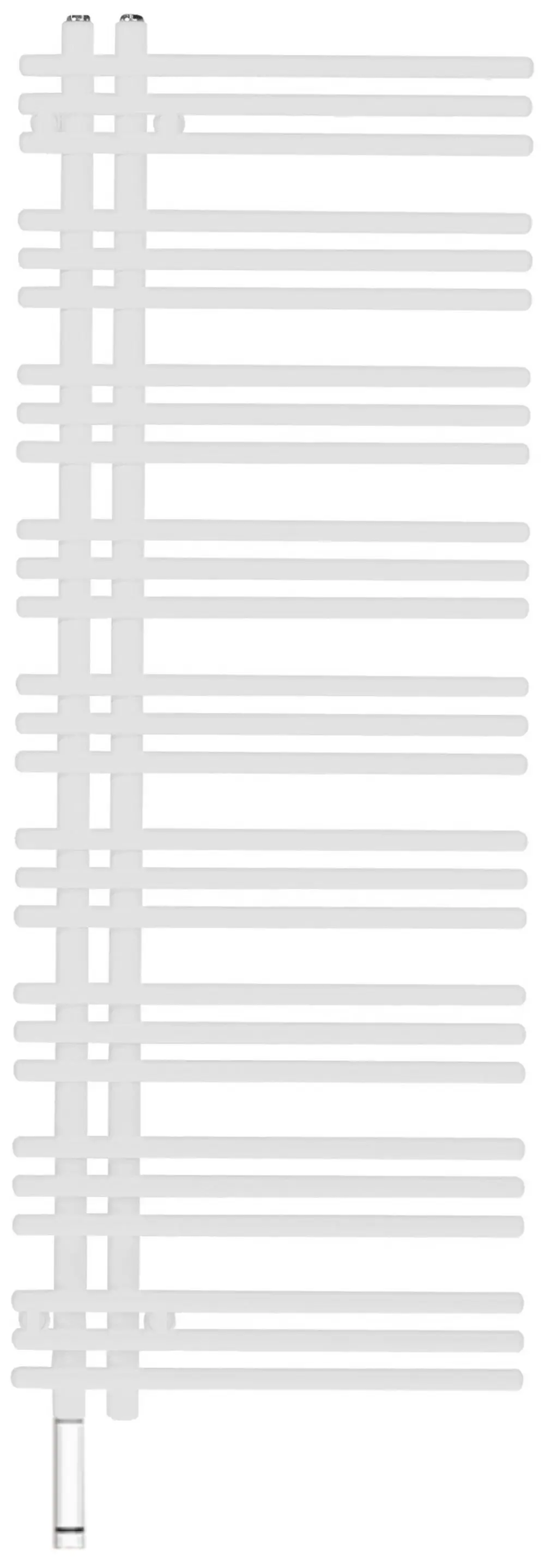Zehnder Elektroheizkörper in asymmetrischer Form, mit mehreren horizontalen Rohren und einem seitlichen Anschluss. Montiert an einer hellen Wand.