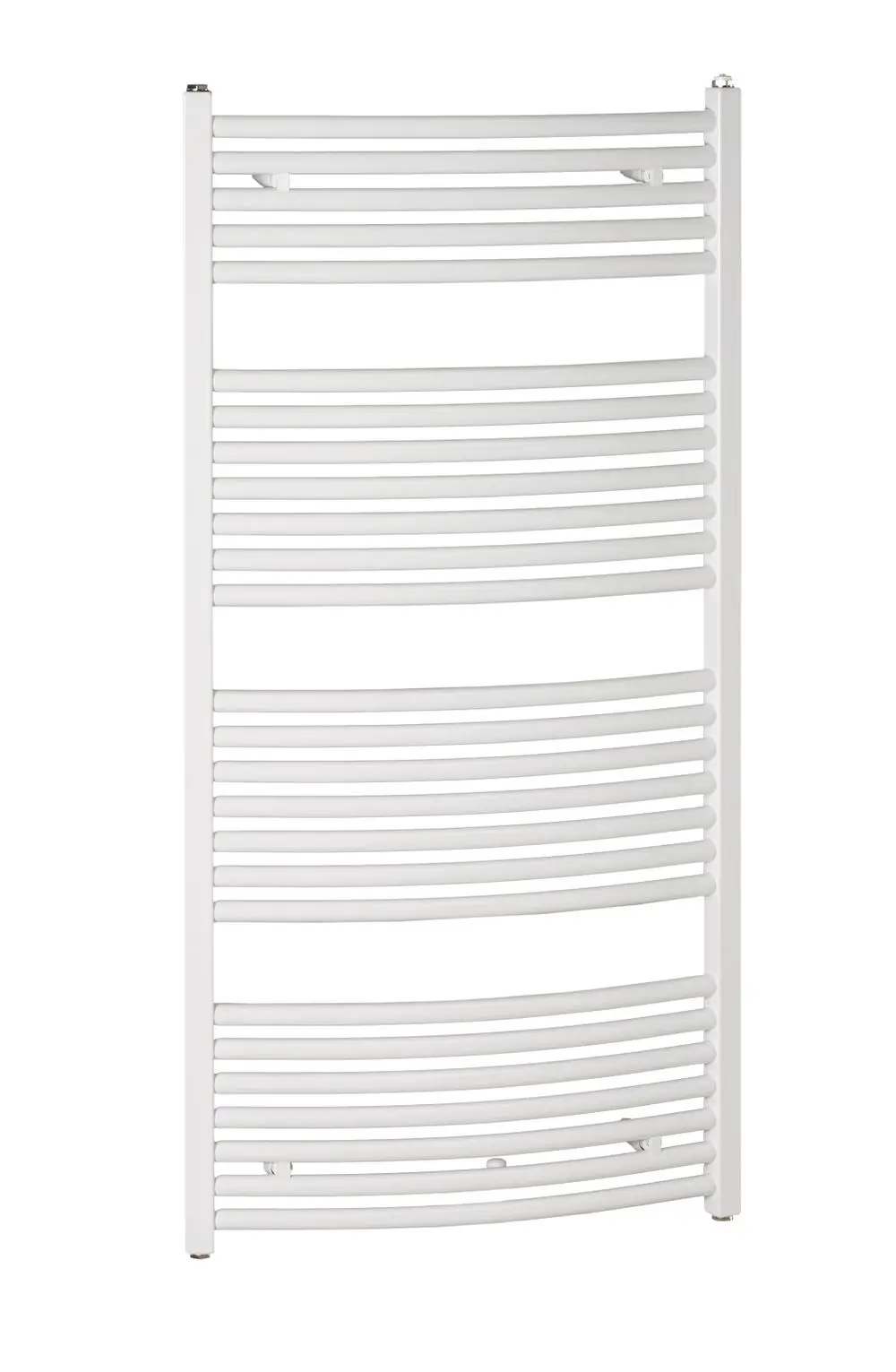 Zehnder Badheizkörper in Weiß, gebogene Form mit mehreren horizontalen Röhren für die Wandmontage.