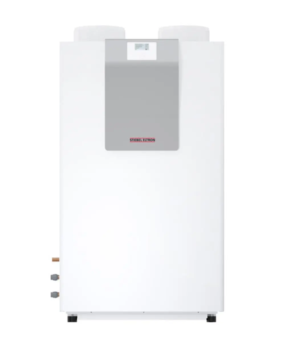 Weiße Luft-Wasser-Wärmepumpe von Stiebel Eltron mit einem flachen, nebelfreien Bedienfeld und mehreren Anschlüssen an der unteren Seite.