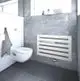 Weißer Designheizkörper von Zehnder mit horizontalen Streifen als Handtuchhalter, montiert an einer grauen Wand im Badezimmer neben einer Toilette.