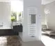 Weißer design Heizkörper von Zehnder mit Handtuchhalter, vertikal montiert an einer Wand in einem modernen Badezimmer, neben Waschbecken und Fenster mit Pflanzen.