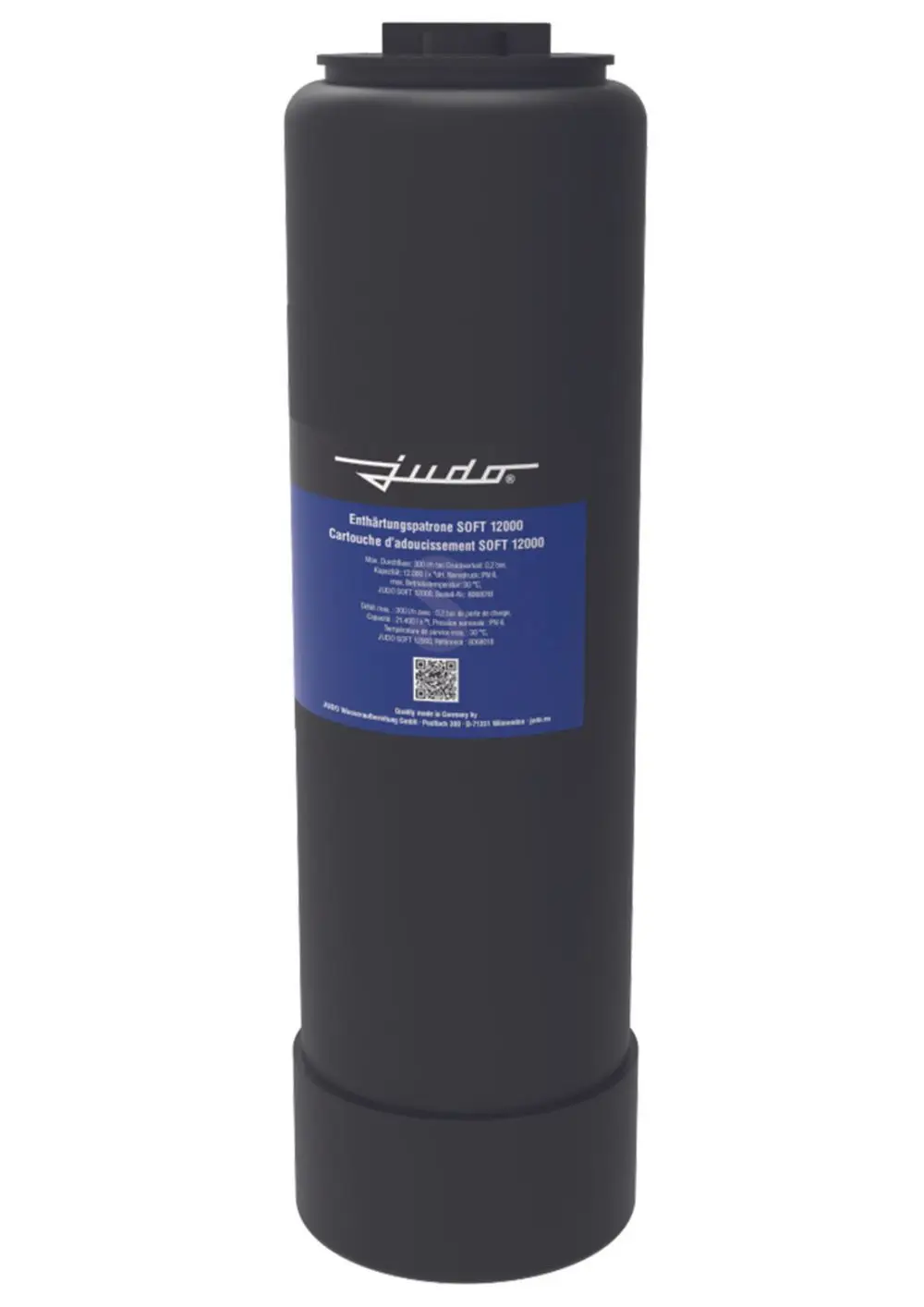 Schwarze Cartridge mit blauer Kennzeichnung für Enthärtungsanwendungen. Aufdruck mit technischen Details und QR-Code. Hergestellt von Judo.