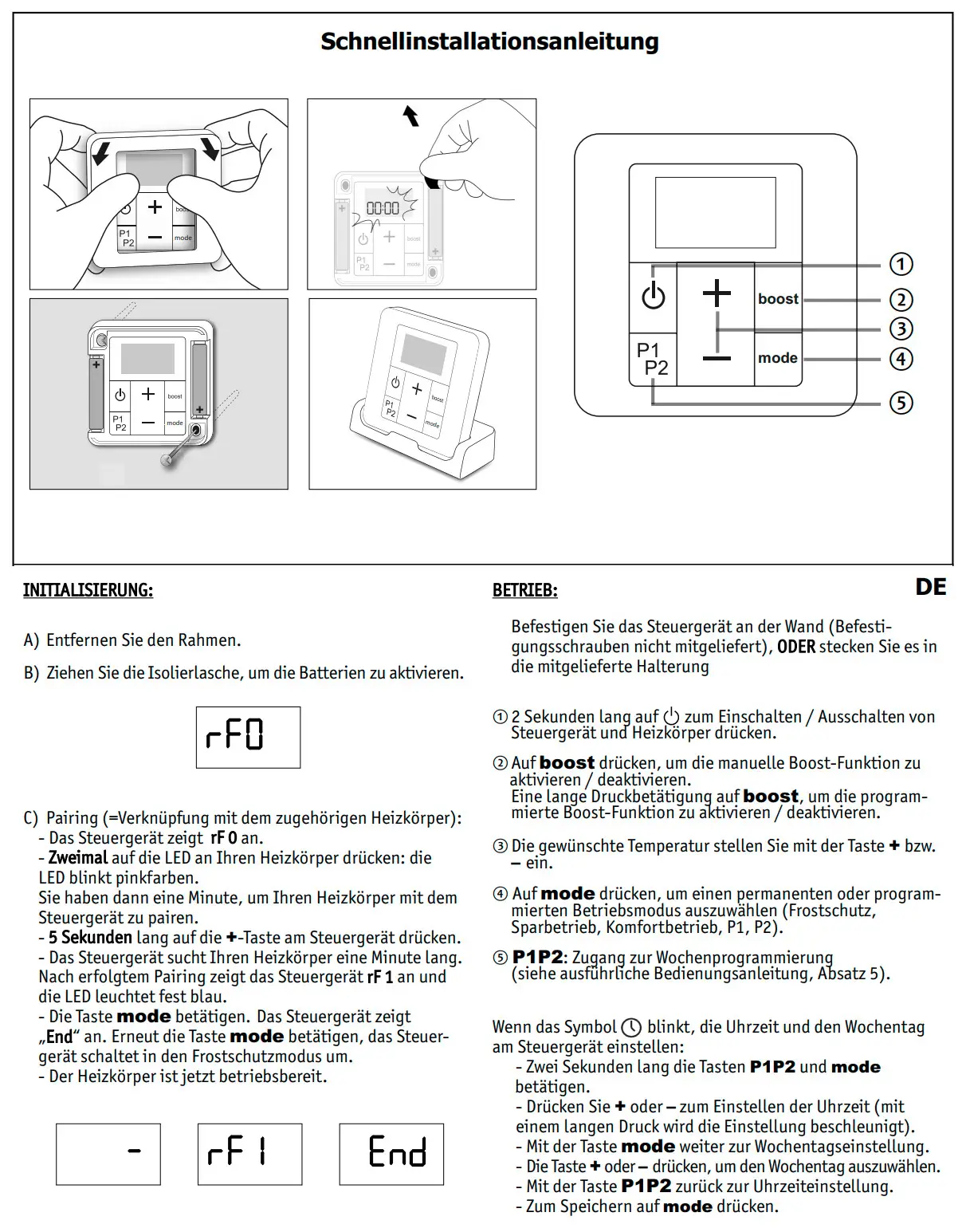 Bedienungsanleitung für ein Zehnder Steuergerät zur Installation und Nutzung eines Elektroheizkörpers mit Anweisungen zum Pairing, Betrieb und Programmierung.