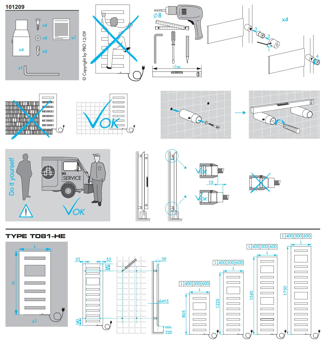 Zehnder Elektroheizkörper in schematischer Darstellung mit Montageanleitung und Zubehör. Enthält Hinweise zur Installation und spezifische Maße.