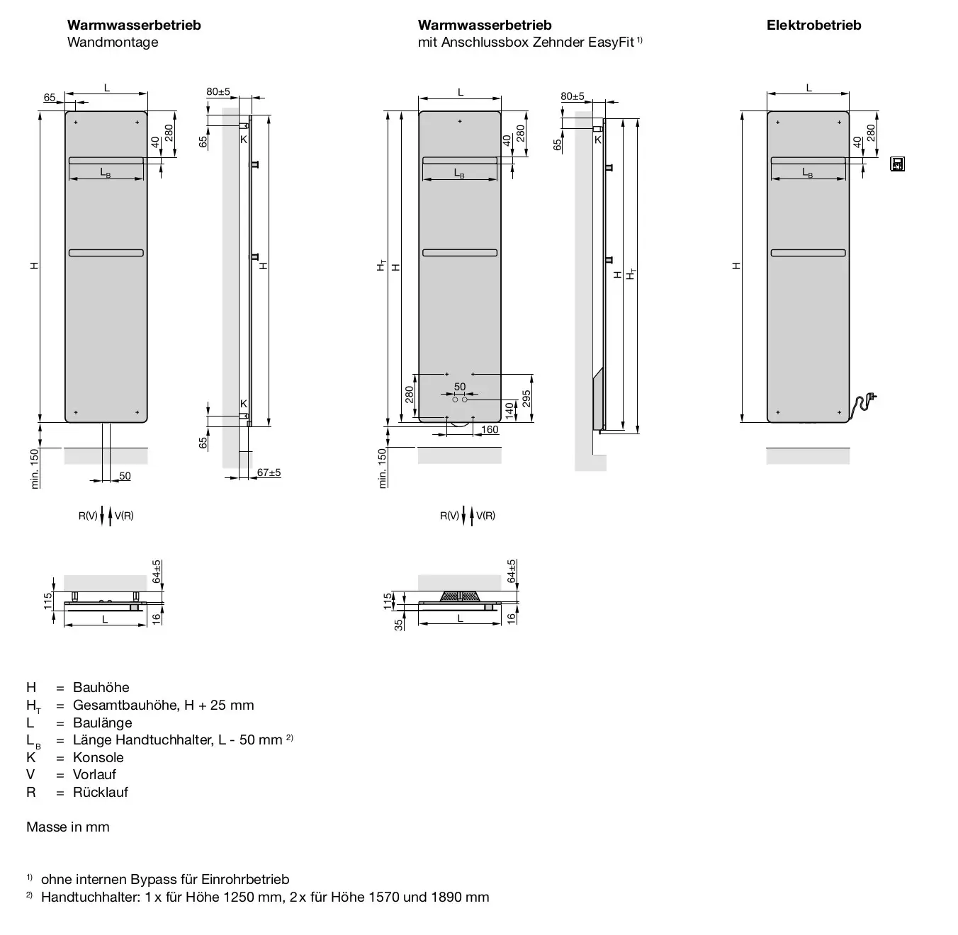 Zehnder Designheizkörper mit Handtuchhalter, in vertikaler Ausführung, Wandmontage, zeigt Detailmaße und Anschlüsse für Warmwasser- und Elektrobetrieb.