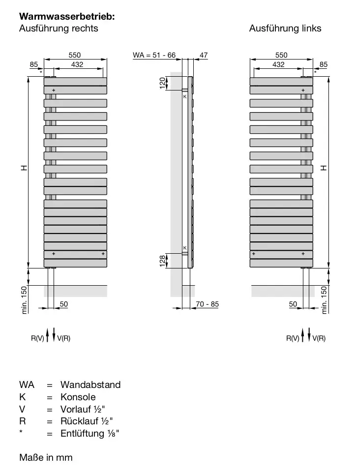 Vertikaler Zehnder Heizkörper mit mehreren horizontalen Rippen, in linker Ausführung. Maße sind im technischen Diagramm angegeben.
