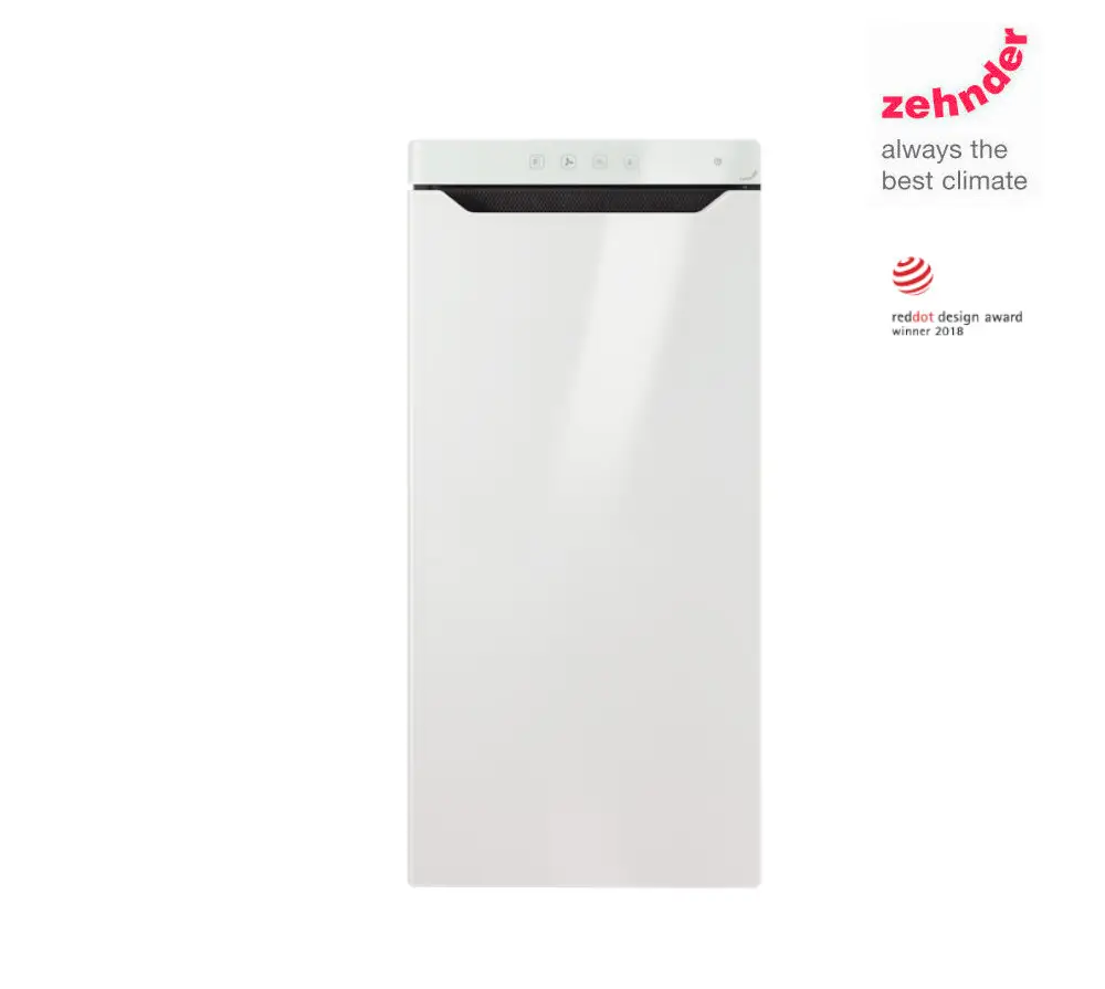Weißer Elektroheizkörper von Zehnder mit einem schlichten Design und Bedienfeld an der Oberseite. Eignet sich für Wandmontage in modernen Wohnräumen.