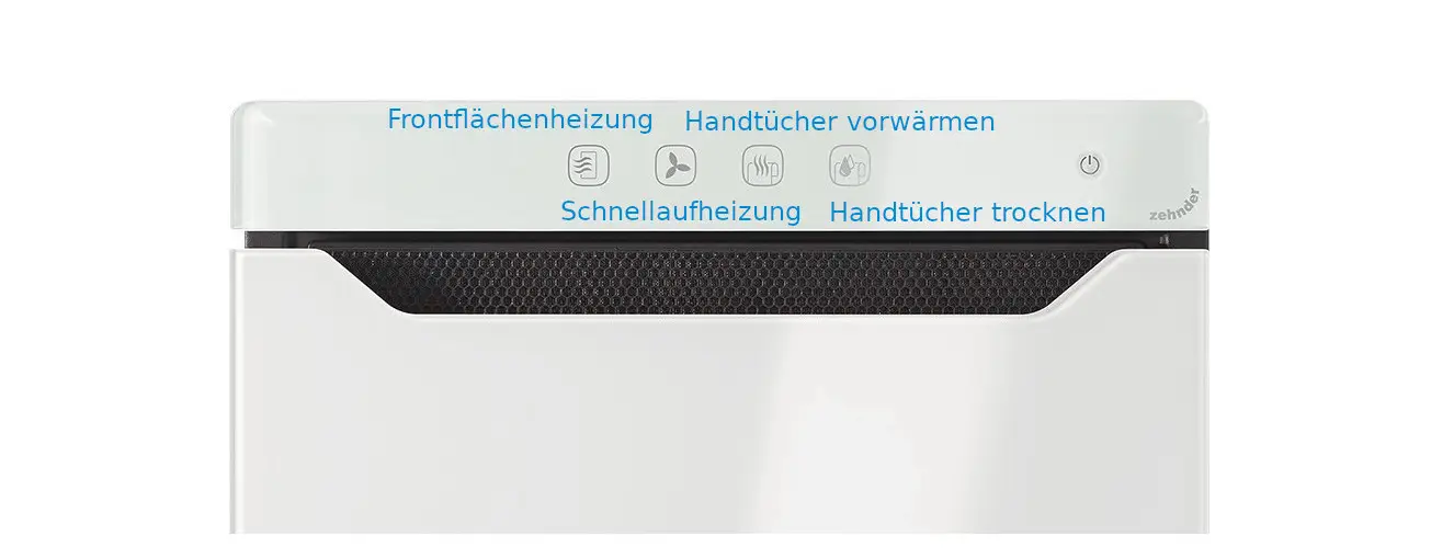 Zehnder Elektroheizkörper mit Bedienelementen für Frontflächenheizung, Handtuchvorwärmung, Schnellaufheizung und Handtücher trocknen. Oberfläche in neutralem Design.