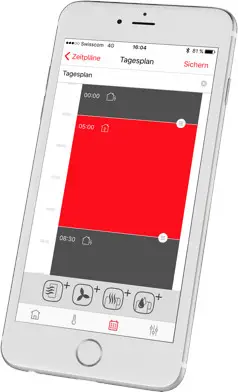 Zehnder Heizkörpersteuerung auf einem Smartphone, mit einer grafischen Übersicht des Tagesplans und Zeitsteuerung für Heizzeiten in Rot und Grau.