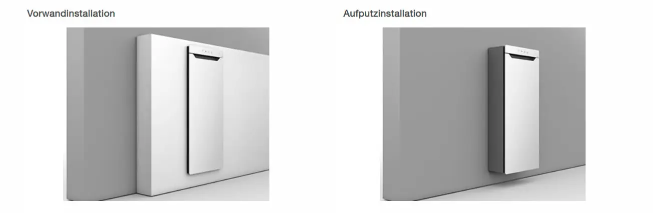 Zehnder Elektroheizkörper in zwei Montagemöglichkeiten: Vorwandinstallation links und Aufputzinstallation rechts, beide in neutraler Farbgestaltung an grauen Wänden.