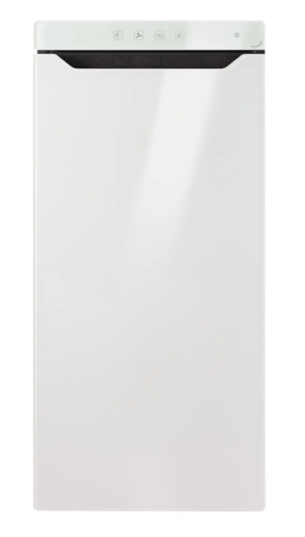 Weißer, vertikaler Elektroheizkörper von Zehnder mit glatter Oberfläche und einem schmalen Design, geeignet für die Fertigmontage in einem modernen Raum.