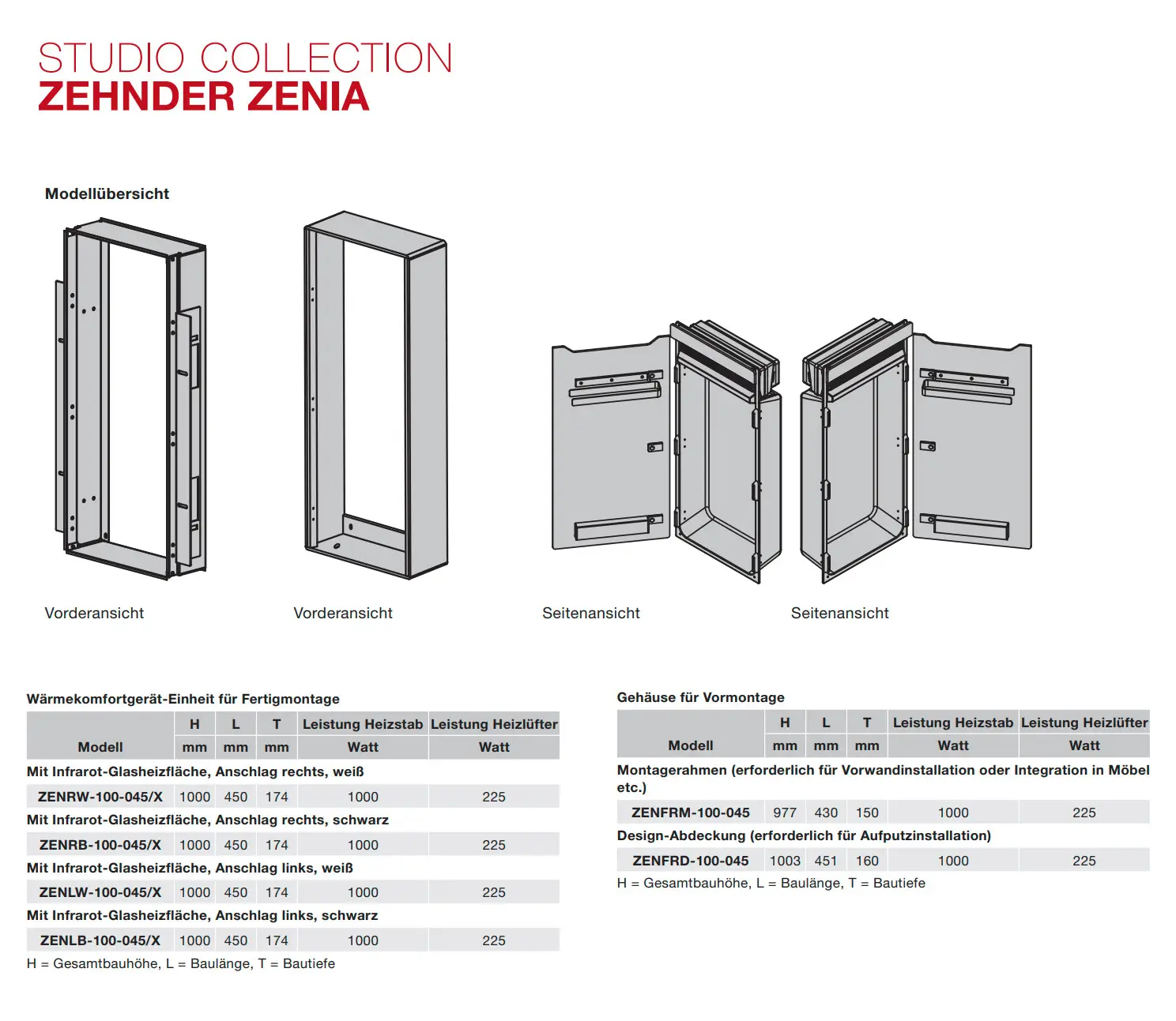 Zehnder Heizkörper mit vertikaler Bauform und einer Frontansicht, ausgestattet mit Montageoptionen und technischen Spezifikationen für die Installation.