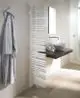 Vertikaler Heizkörper von Zehnder in moderner Ausführung, umgeben von heller Wand und einem eleganten Waschbecken mit Schreibtischplatte im Hintergrund.