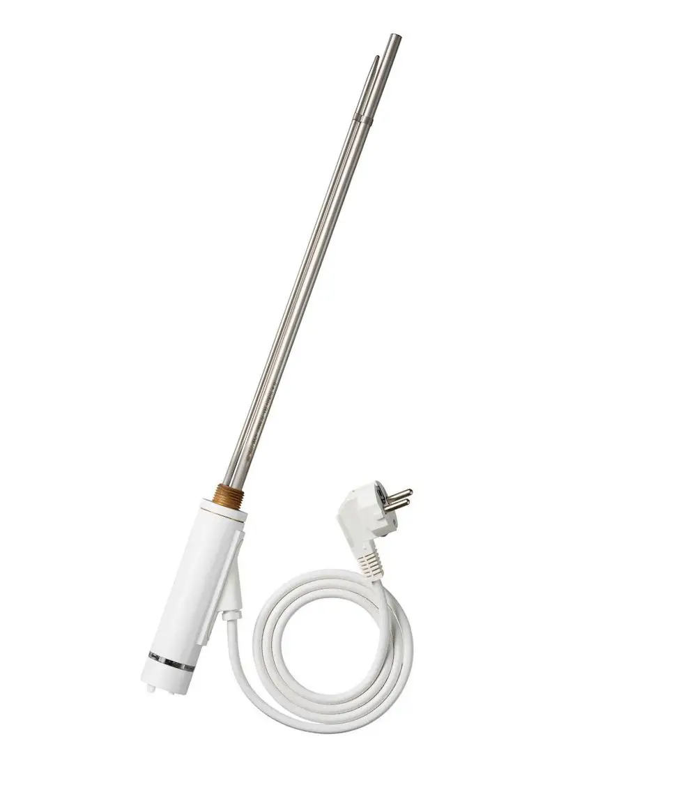 Elektro-Heizstab von Zehnder mit zwei langen, metallischen Heizrohren und einem weißen Kabel mit Stecker.