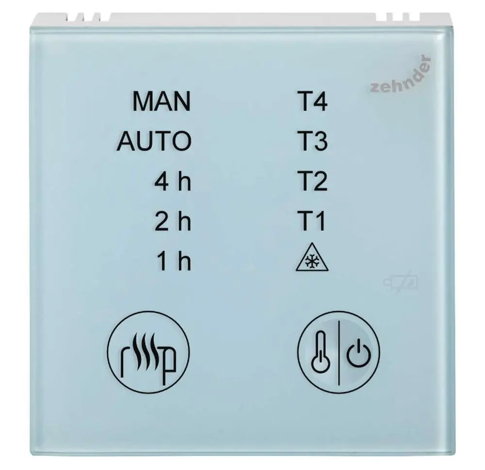 Zehnder Steuergerät mit Tasten für manuelle und automatische Einstellungen, Timer für 1 bis 4 Stunden, sowie Symbole für Heizung und Temperaturregelung.