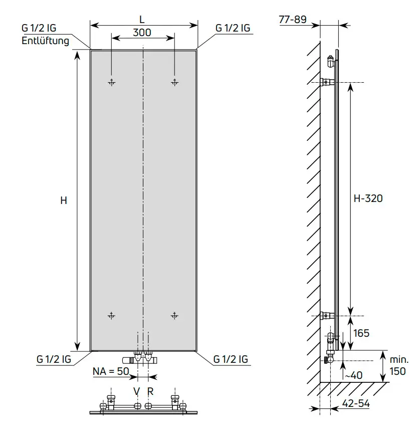 Vertikaler Purmo-Heizkörper in Eckform mit Mittenanschlussarmatur, dargestellt in technischen Zeichnungen zur Montage und Anschlussdetails.