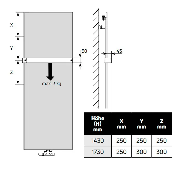 Purmo Designheizkörper in rechteckiger Form, Wandmontage mit mittiger Anschlussarmatur, maximal 3 kg belastbar, Maße und Anschlussoptionen abgebildet.