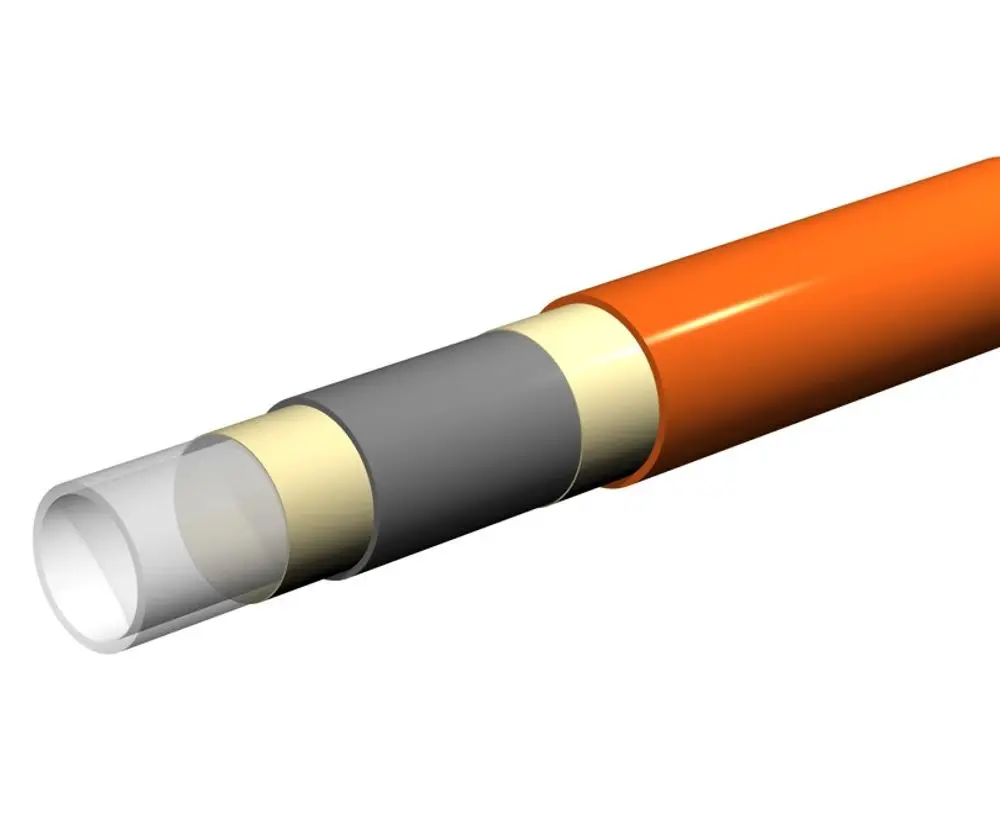 Orangefarbiges Heizrohr mit transparentem Abschnitt und schwarzen sowie gelben Segmenten; Produkt von Purmo für Heizungsanwendungen, geeignet für Temperatur bis 90°C.