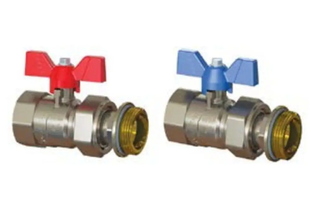 TempCo Kugelventilset mit rotem und blauem Handgriff, jeweils an einem Ventil montiert. Teile scheinen aus Metall zu bestehen. Produkte von Purmo.