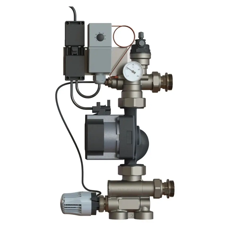 Purmo Temperatursensor mit Regelventil, Druckmessgerät und elektrischer Steuerung, montiert an einem Heizsystem, geeignet für Temperaturregelung bis 90°C.