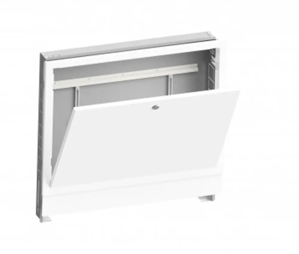 Purmo Verteilerschrank, Unterputz-Design, mit einem klappbaren Frontpaneel und Sicherheitsschloss. Geeignet für die Montage in Wänden.