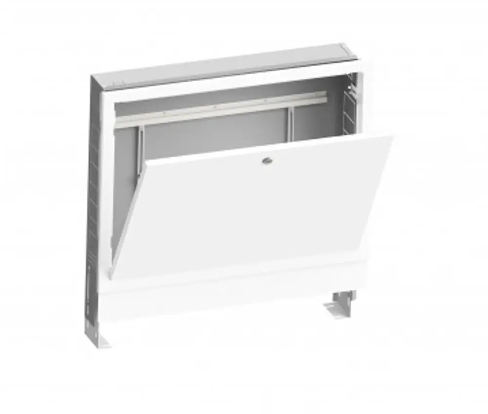 Verteilerschrank in Weiß von Purmo, Unterputz-Design, mit klappbarem Deckel und Innenraumstruktur für elektrische Komponenten, zur Wandmontage geeignet.