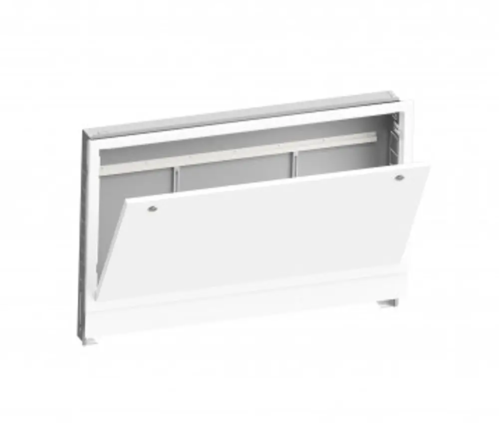 Purmo Verteilerschrank mit einem Klappdeckel, der Zugang zu den internen Komponenten ermöglicht. Das Gehäuse ist in neutralem Farbton gestaltet und für die Unterputzmontage geeignet.