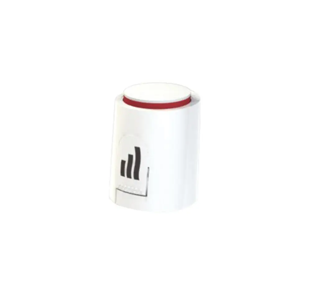 Weißer Elektroantrieb mit rotem Deckel und grafischer Darstellung von Balken auf der Seite. Produkt von Purmo zur Temperaturregelung in Heizsystemen.