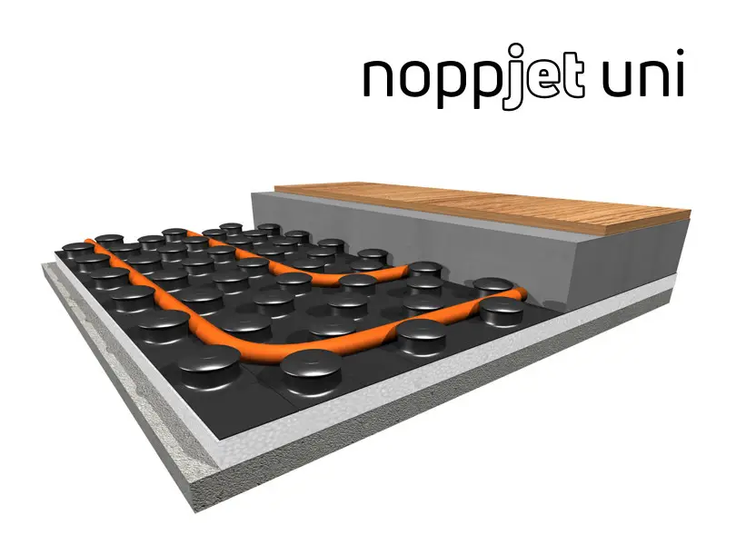 Schematische Darstellung eines Wärmedämmungssystems mit schwarzen Elementen und einer orangen Heizschlangensimulation, geeignet für die Verwendung mit Purmo-Produkten.