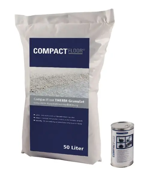 Sack mit CompactFloor THERM Granulat für eine bodenebene Ausgleichsspachtelung, 50 Liter, neben einer Dose mit Anwendungsanleitung.