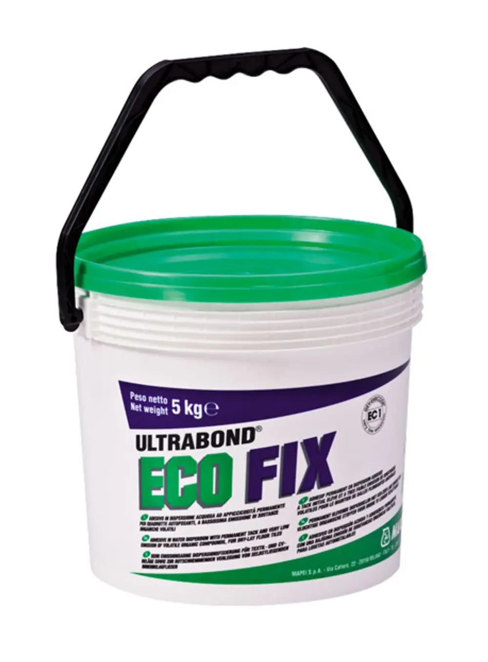 Weißer Eimer mit einem grünen Deckel und schwarzem Griff, beschriftet mit "ECO FIX" und Markenlogo von Purmo, sichtbar auf der Vorderseite.